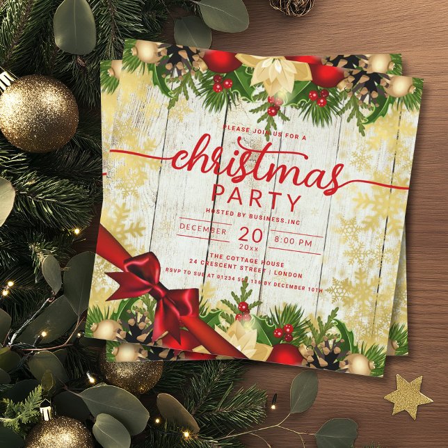 Rustic Gold Holly Berries & Baubles Company Xmas  Invitation (Rustic Gold Holly Berries & Baubles Company Xmas Invitation)