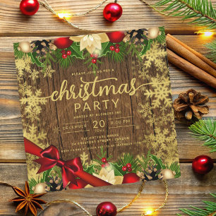Rustic Gold Holly Berries & Baubles Company Xmas  Invitation