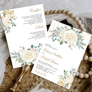 Rustic Gold Ivory Floral All in One Wedding Invitation