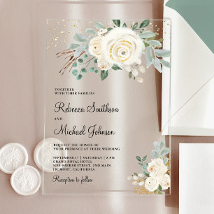 Rustic Gold Ivory Floral Wedding Acrylic Invitations