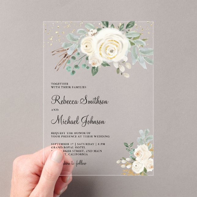 Rustic Gold Ivory Floral Wedding Acrylic Invitations (Insitu (Handheld))