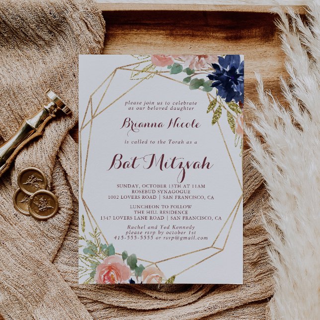 Rustic Gold Leaves Calligraphy Bat Mitzvah Invitation (Creator Uploaded)