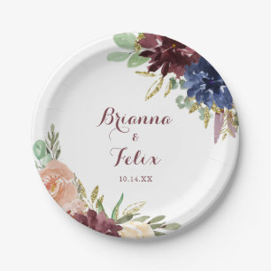 Rustic Gold Leaves Calligraphy Wedding Cake Paper Plate