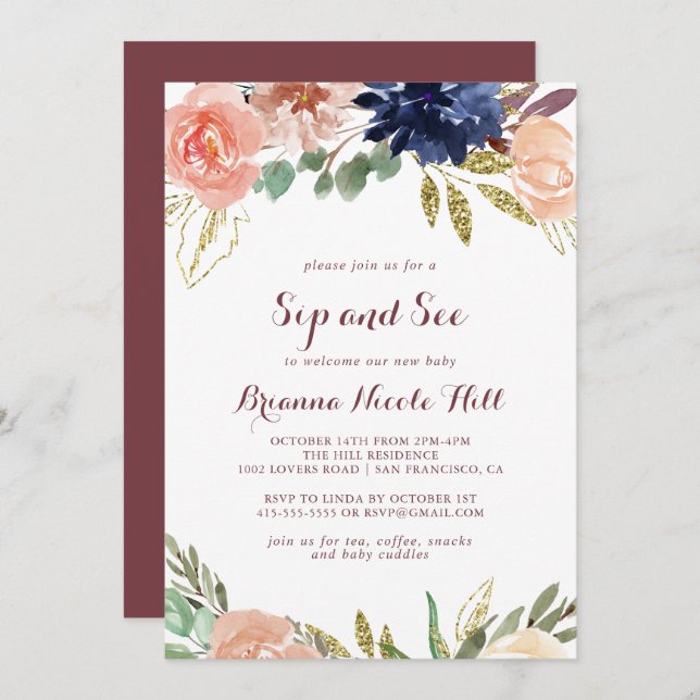 Rustic Gold Leaves Floral Calligraphy Sip and See Invitation (Front/Back)