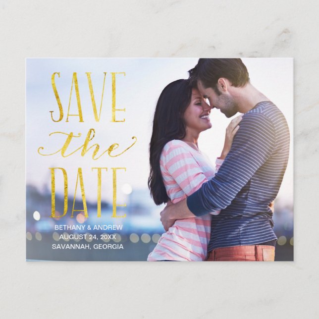 Rustic Gold Lettering Photo Save the Date Announcement Postcard (Front)