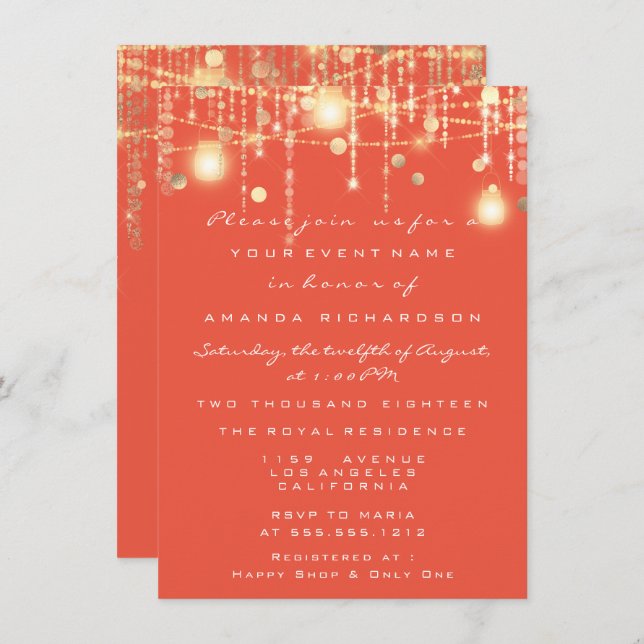 Rustic Gold Lights Jar Coral Roses Wedding Invitation (Front/Back)