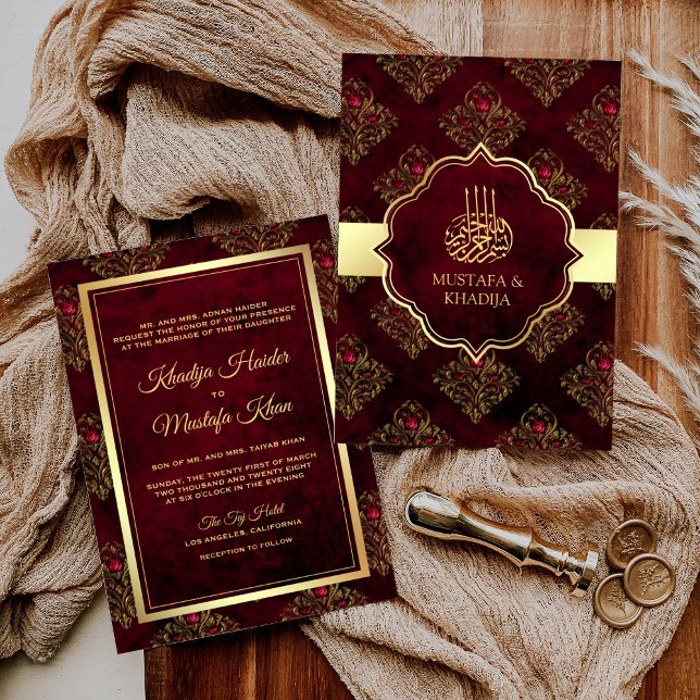 Rustic Gold Maroon Red Damask Muslim Wedding Invitation (Creator Uploaded)