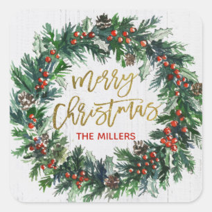 Rustic Gold Merry Christmas Wreath Holiday Square Sticker