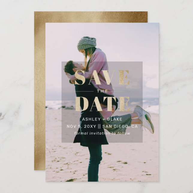 Rustic Gold Minimal Modern Photo Save The Date (Front/Back)