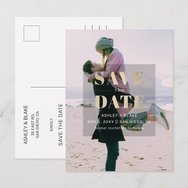 Rustic Gold Modern Minimalist Photo Save the Date Announcement Postcard (Front/Back)