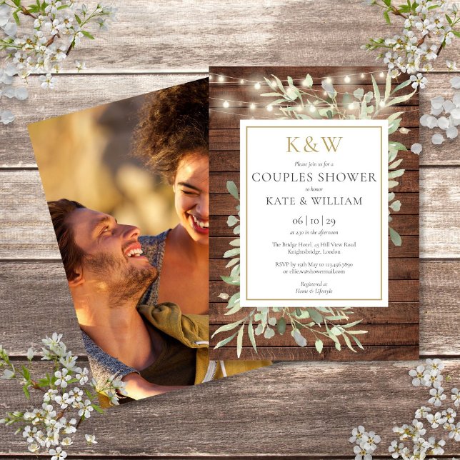 Rustic Gold Monogram Greenery Photo Couples Shower Invitation (Rustic Gold Monogram Greenery Photo Couples Shower Invitation)