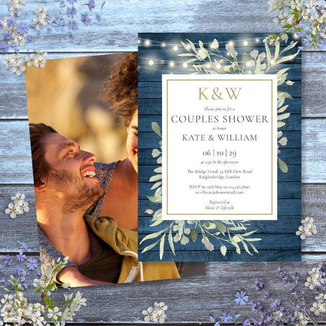 Rustic Gold Monogram Greenery Photo Couples Shower Invitation (Rustic Gold Monogram Greenery Photo Couples Shower Invitation)