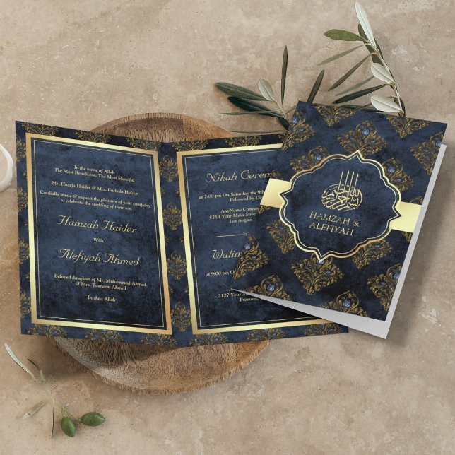Rustic Gold Navy Blue Damask Muslim Wedding Invitation (Creator Uploaded)