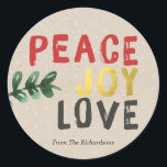 Rustic Gold Peace Joy and Love Christmas Sticker<br><div class="desc">This rustic gold peace joy and love christmas sticker is great for holiday gift giving, labelling homemade treats, or for your holiday crafts. The text has a brush text look with Joy written in faux gold foil. The kraft paper background has small white polkadots with hand painted green foliage. Customise...</div>