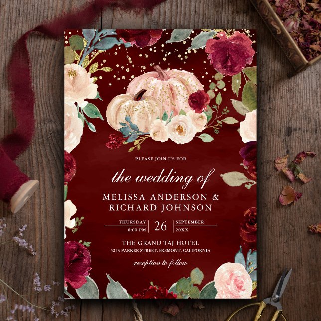 Rustic Gold Peach Floral Pumpkin Burgundy Wedding Invitation (Creator Uploaded)