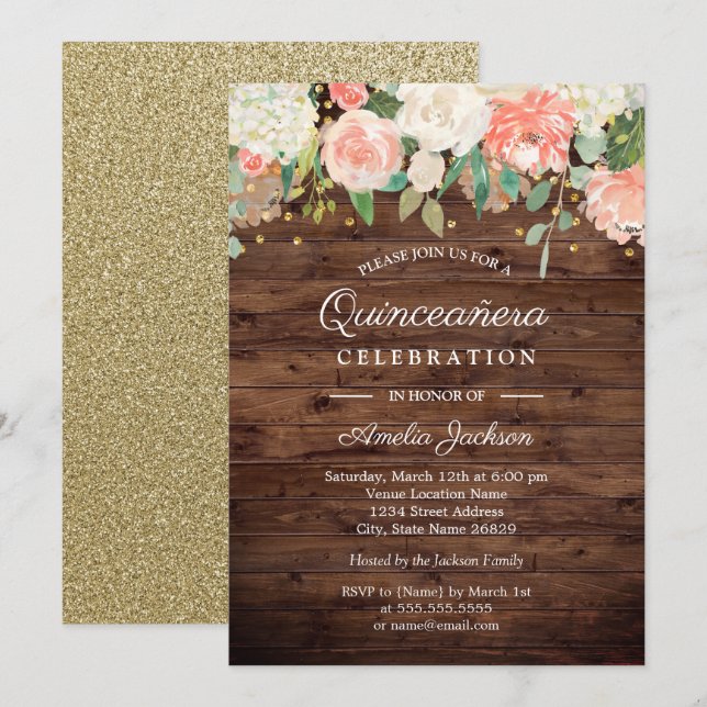 Rustic Gold Peach Floral Wood Quinceanera Invite (Front/Back)