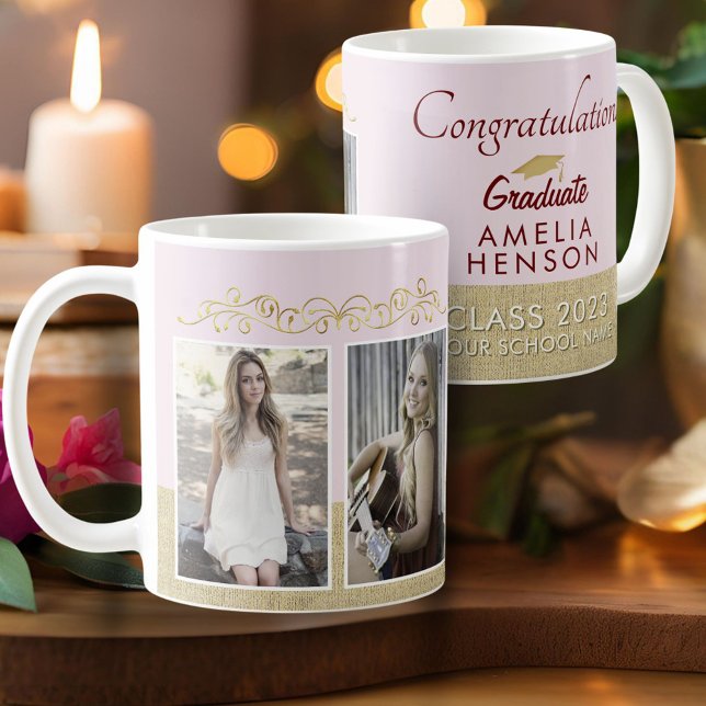 Rustic Gold Pink 2022 Graduate 2 Photo Graduation Coffee Mug (Creator Uploaded)