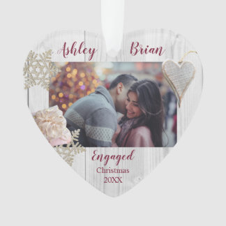 Rustic Gold Pink Christmas Holiday Engagement Ornament