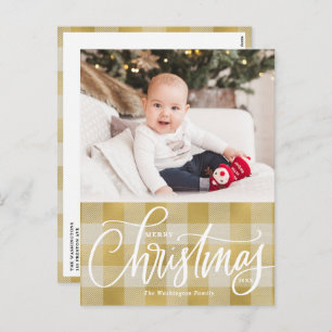 Rustic Gold Plaid Merry Christmas Photo Holiday Postcard