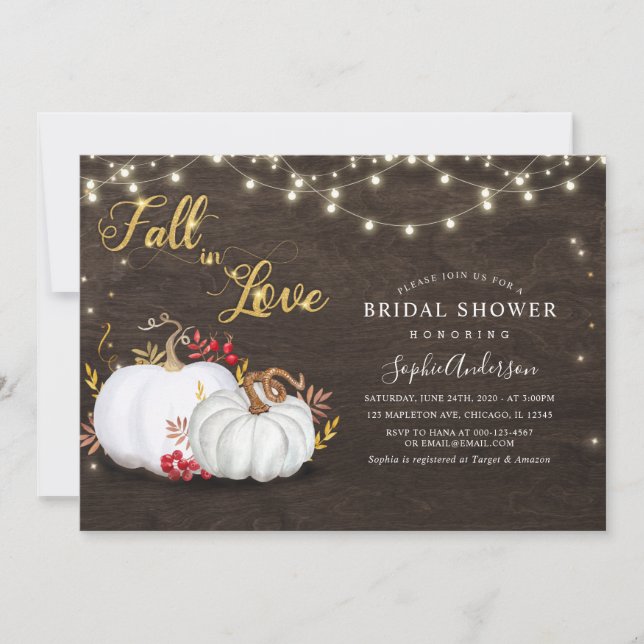 Rustic Gold Pumpkin Fall in Love Bridal Shower Invitation (Front)