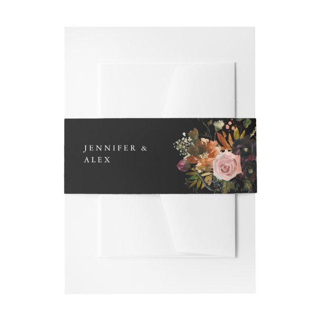 Rustic Gold, Purple & Blush Pink Floral 4 v2 Black Invitation Belly Band (Front Example)