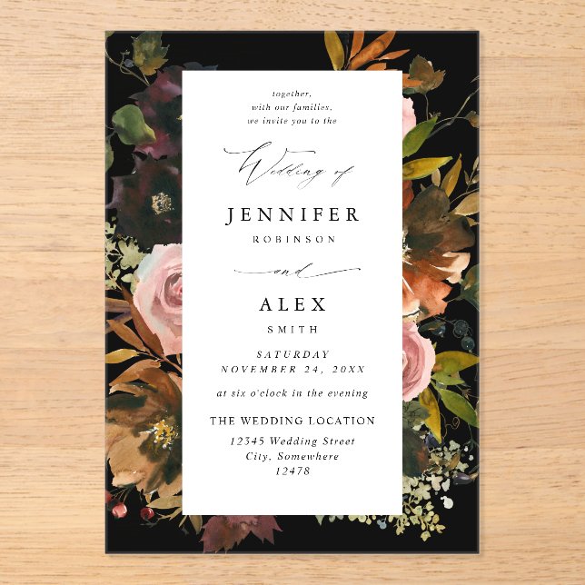 Rustic Gold, Purple, & Pink Floral 4 Black Acrylic Invitations (Front)