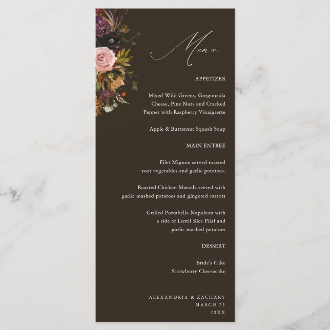 Rustic Gold, Purple, & Pink Floral 4 Brown Tall Menu (Front)