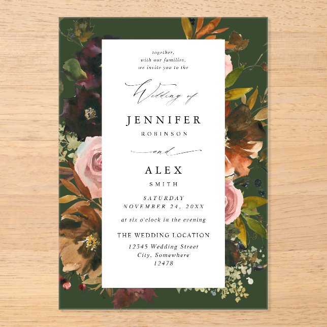 Rustic Gold, Purple, & Pink Floral 4 Green Acrylic Invitations (Front)