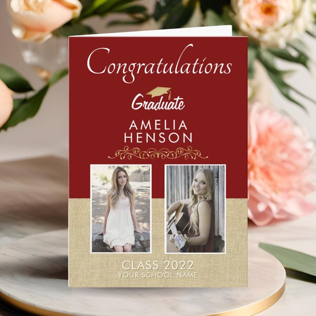 Rustic Gold Red Graduate 2 Photo Graduation Card (Creator Uploaded)