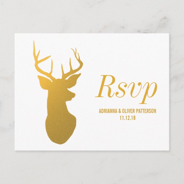 Rustic Gold Reindeer / Antler Wedding RSVP Invitation Postcard (Front)