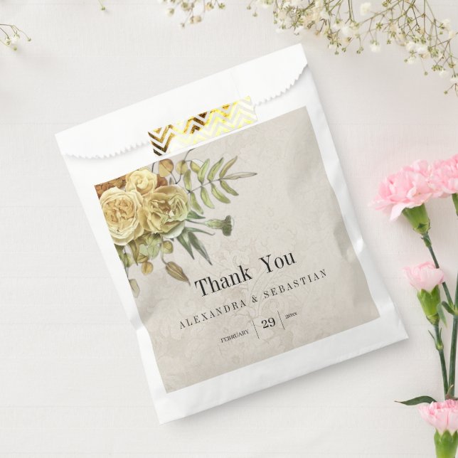 Rustic Gold Roses on Damask Wedding  Favour Bag (Sealed)
