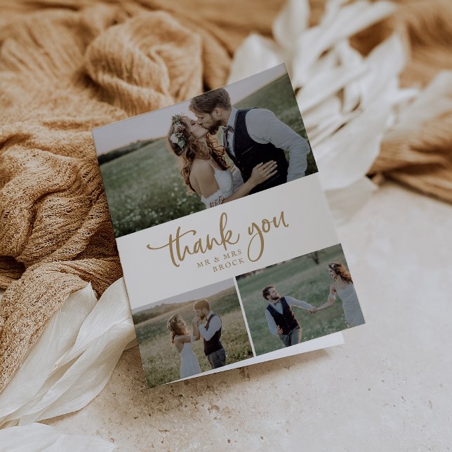 Rustic Gold Script 3 Photo Collage Folded Wedding Thank You Card (Creator Uploaded)