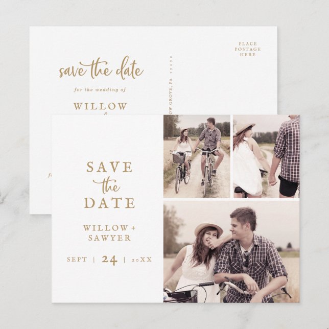 Rustic Gold Script 3 Photo Collage Save the Date Invitation Postcard (Front/Back)