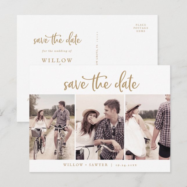 Rustic Gold Script 3 Photo Template Save the Date (Front/Back)