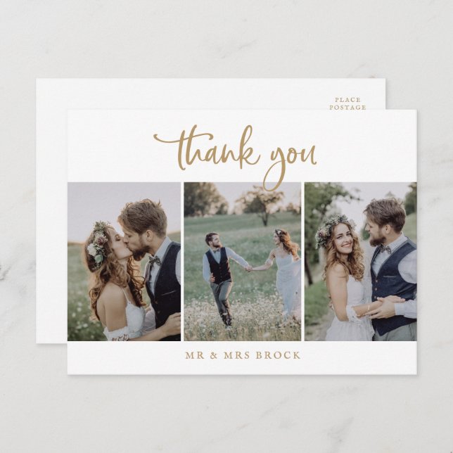 Rustic Gold Script 3 Photo Template Thank You Postcard (Front/Back)