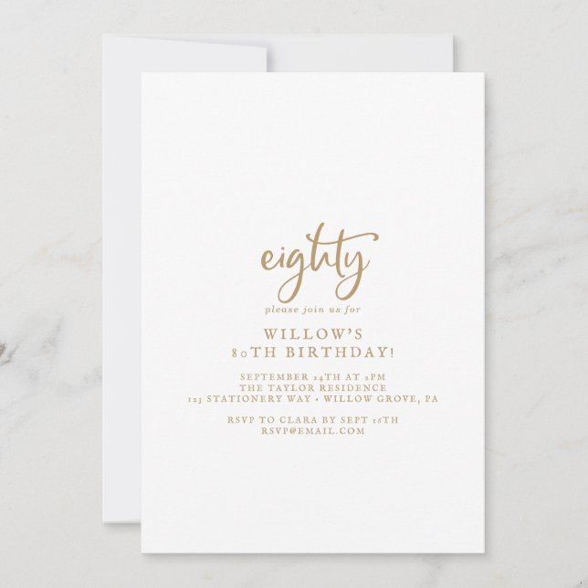 Rustic Gold Script 80th Birthday Party Invitation (Front)