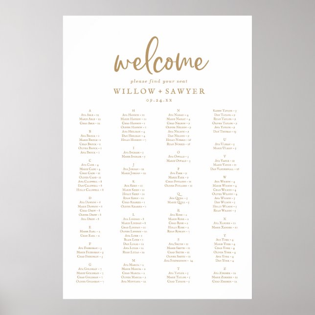 Rustic Gold Script Alphabetical Seating Chart (Front)