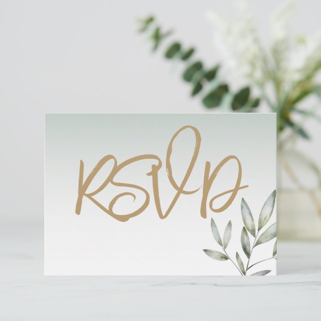 Rustic Gold Script and Sage Green Foliage Wedding RSVP Card (Standing Front)