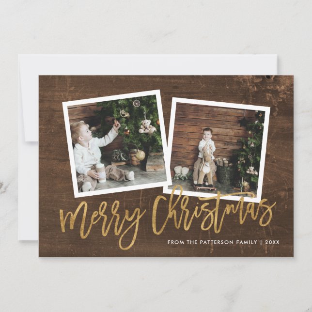 Rustic Gold Script Merry Christmas 2 Photo Holiday Card (Front)