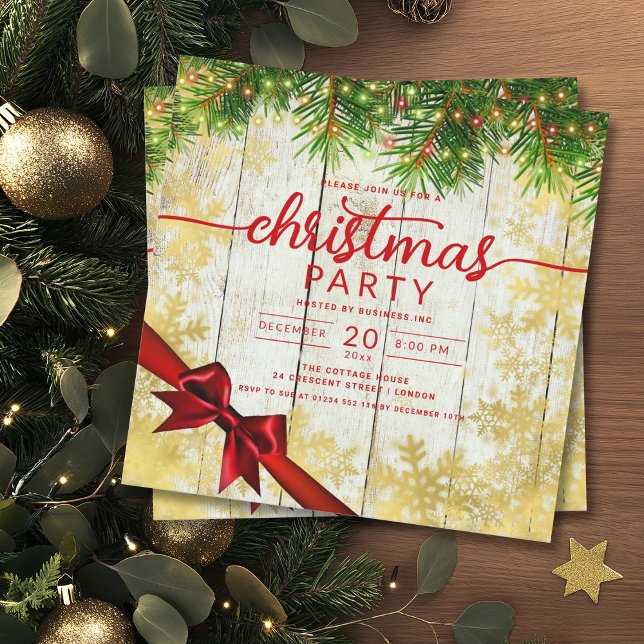 Rustic Gold Snow & Pine Lights Company Xmas Ribbon Invitation (Rustic Gold Snow & Pine Lights Company Xmas Ribbon Invitation)