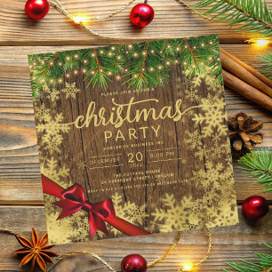 Rustic Gold Snow & Pine Lights Company Xmas Ribbon Invitation