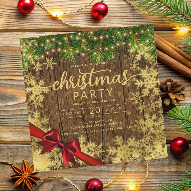 Rustic Gold Snow & Pine Lights Company Xmas Ribbon Invitation (Rustic Gold Snow & Pine Lights Company Xmas Ribbon Invitation)