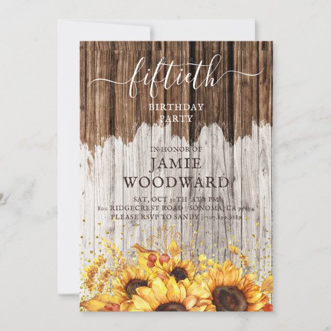 Rustic Gold Sunflowers Barn Wood 50th Birthday  Invitation (Front)