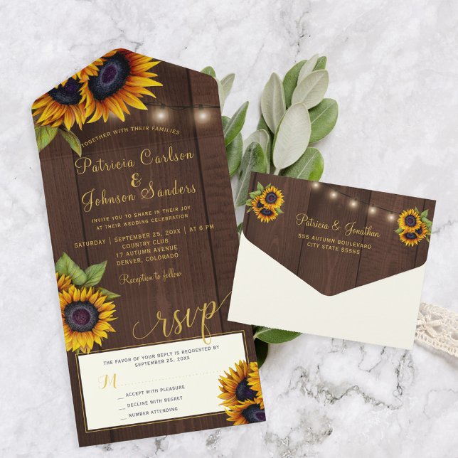 Rustic gold sunflowers wood lights wedding all in one invitation (Creator Uploaded)