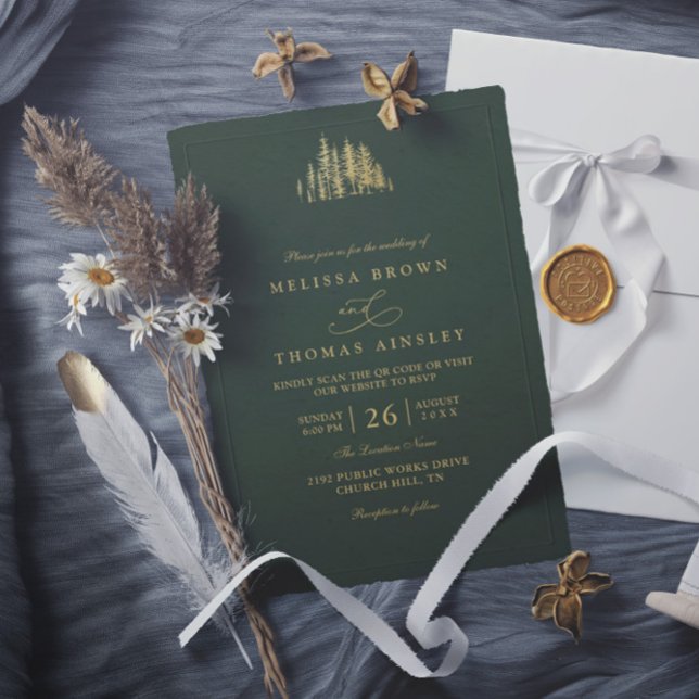 Rustic Gold Trees Pine Minimalist QR Code Wedding  Invitation (Creator Uploaded)