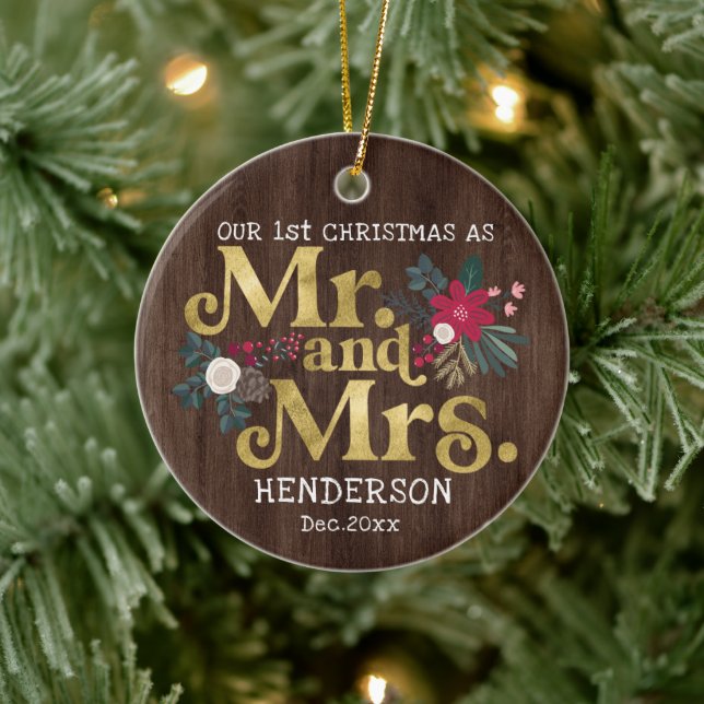 Rustic gold typography 1st christmas mr and mrs  c ceramic ornament (Tree)