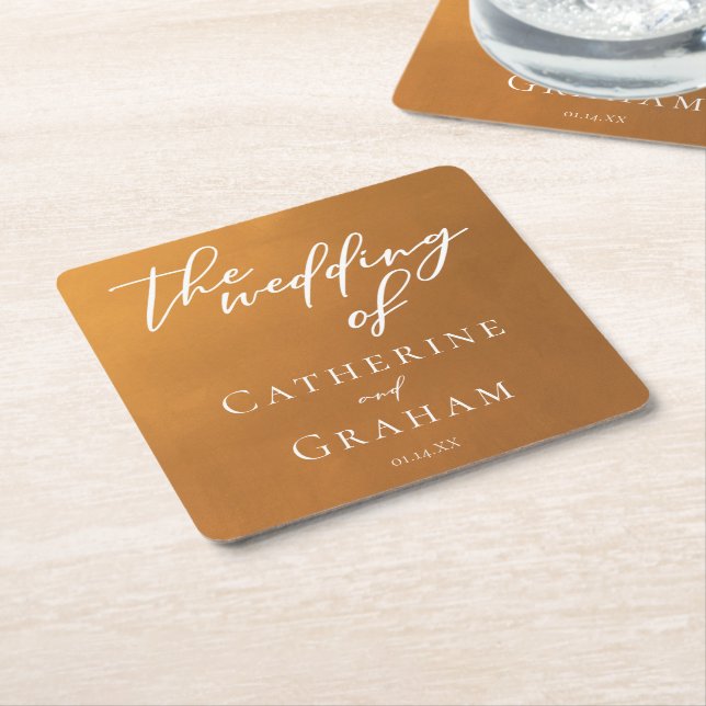Rustic Gold Typography Custom Wedding Square Paper Coaster (Angled)