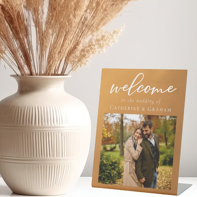Rustic Gold Welcome to Our Wedding Chic Photo Pedestal Sign (Creator Uploaded)