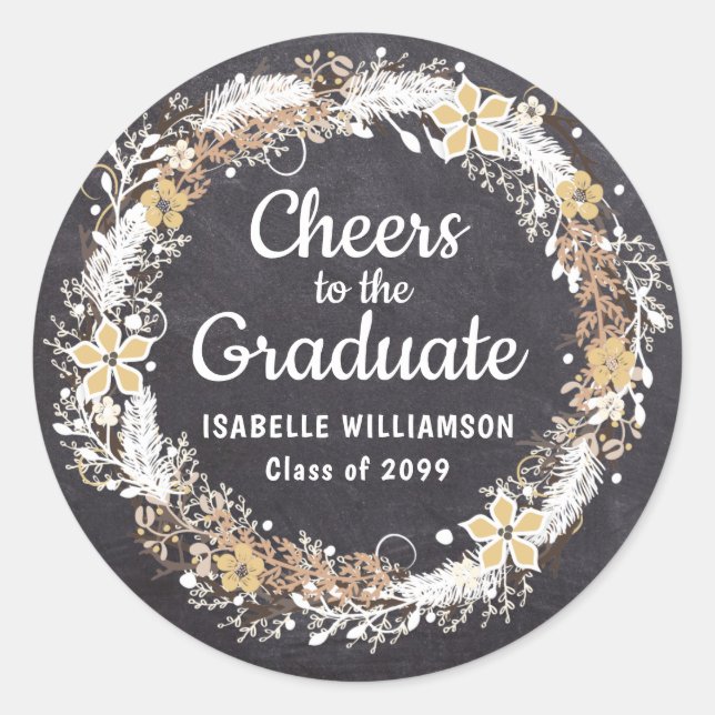 Rustic Gold White Floral Chalkboard Graduation Classic Round Sticker (Front)