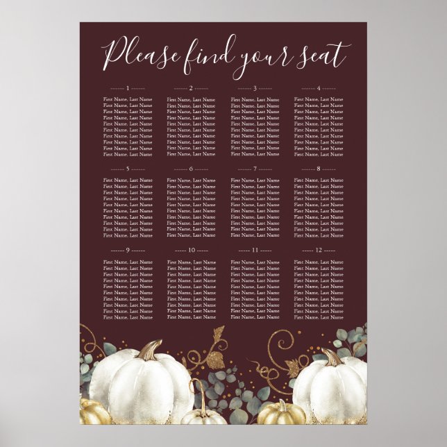 Rustic Gold White Pumpkins Wedding Seating Chart (Front)